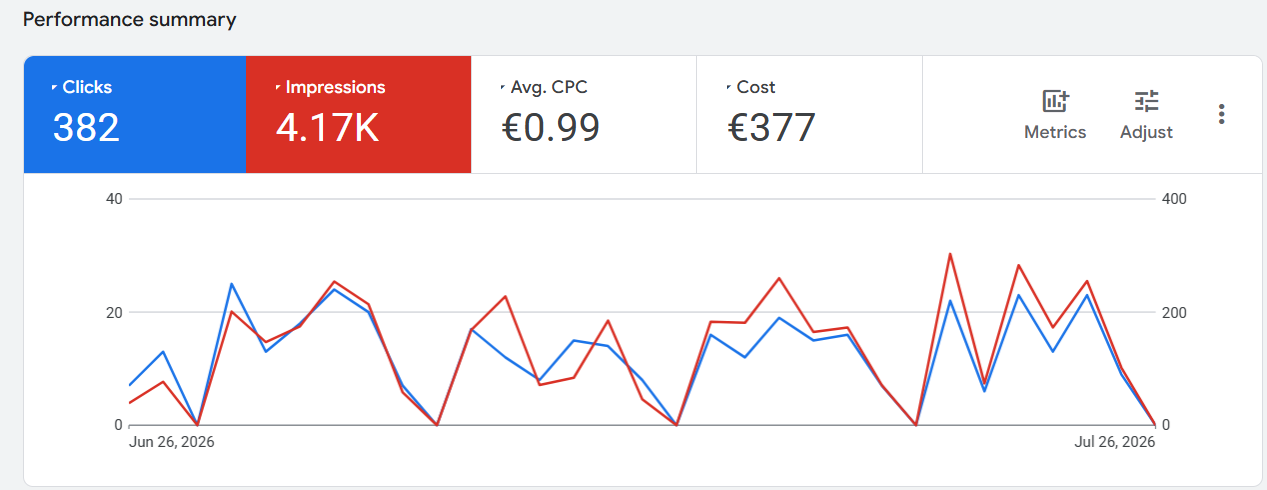 Google Ads campaign overview — 382 clicks, 4.17K impressions, €377 spend