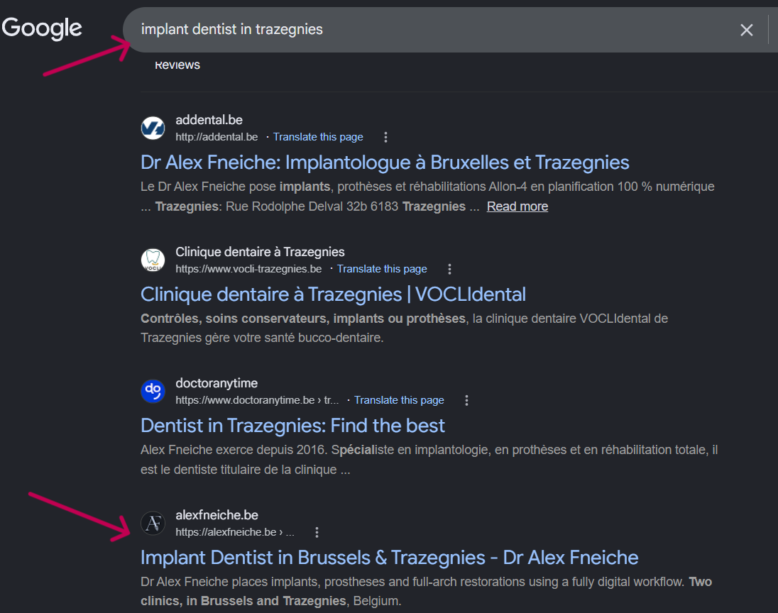 Google organic results for implant dentist in trazegnies showing alexfneiche.be on page one