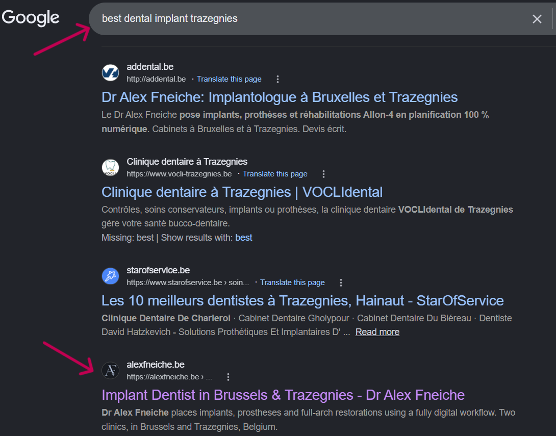 Google organic results for best dental implant trazegnies showing alexfneiche.be on page one