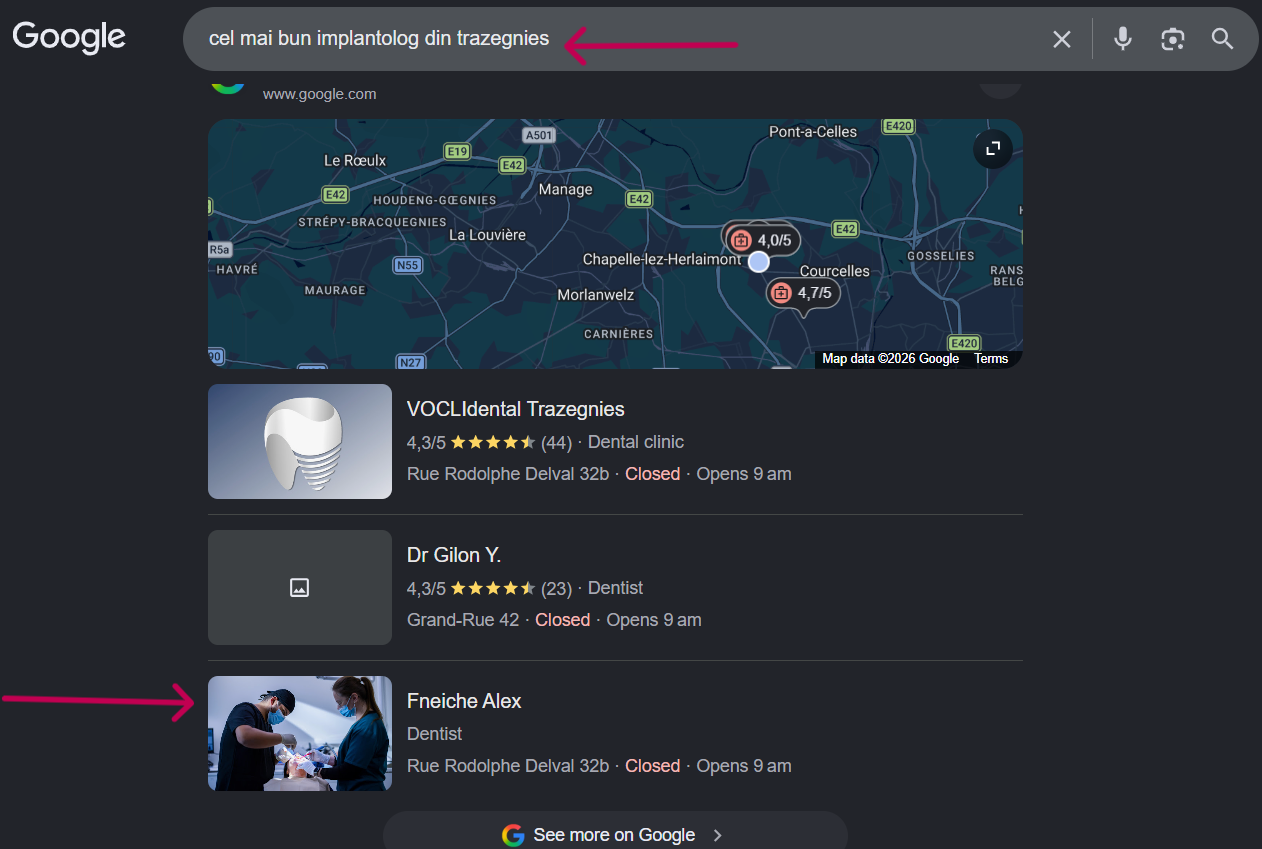 Google local map pack in Romanian showing Fneiche Alex listed third