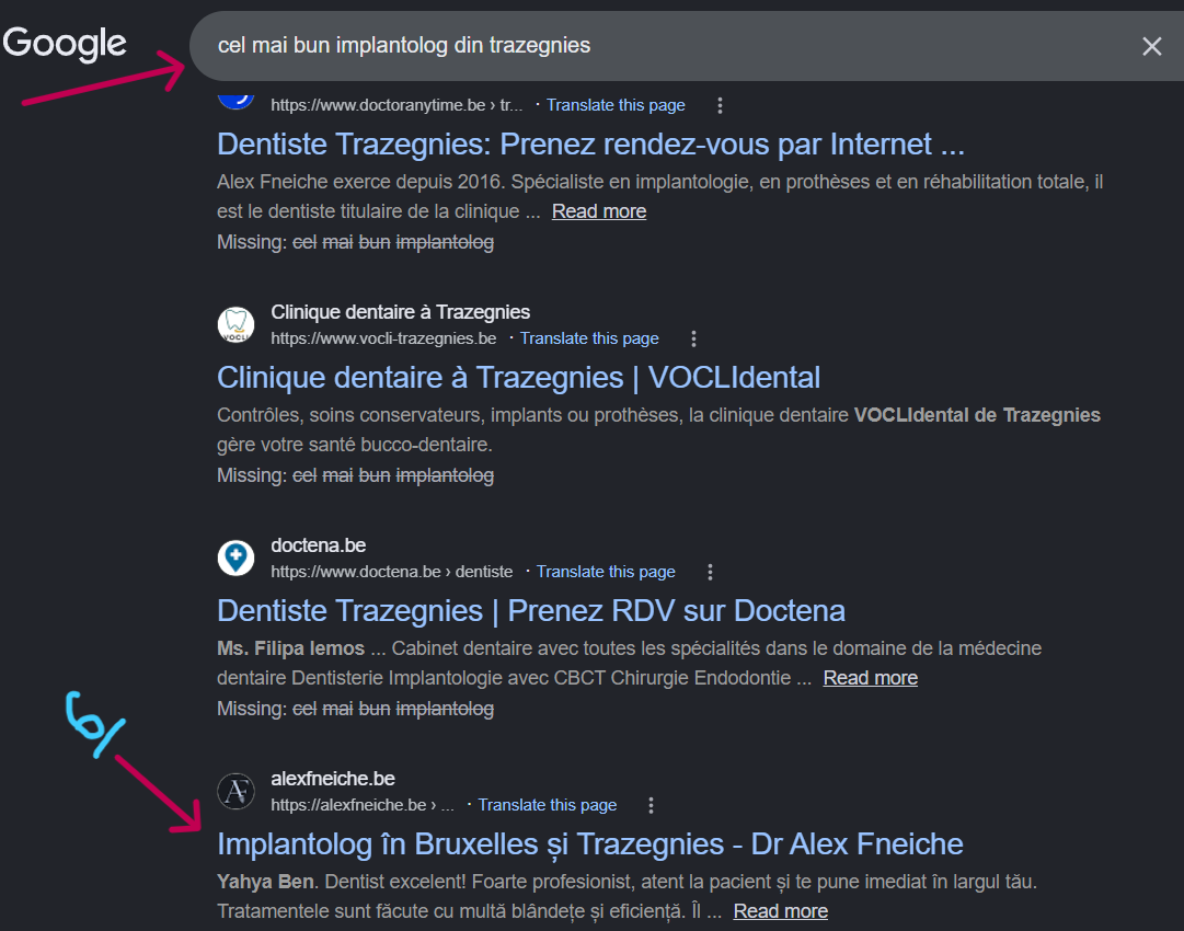 Google organic results in Romanian for best implantologist in trazegnies showing alexfneiche.be with a review snippet