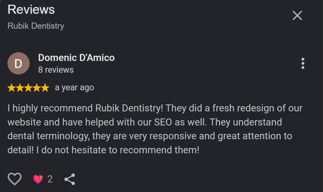 Five star Google review for Rubik Dentistry praising their website redesign and SEO work