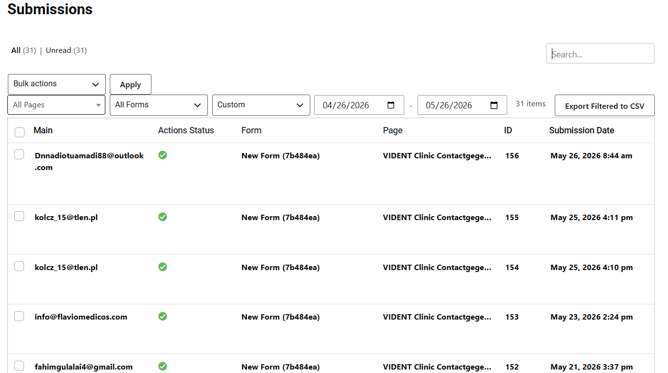 31 Form Submissions — vident-clinic.be May 2026 Batch 1