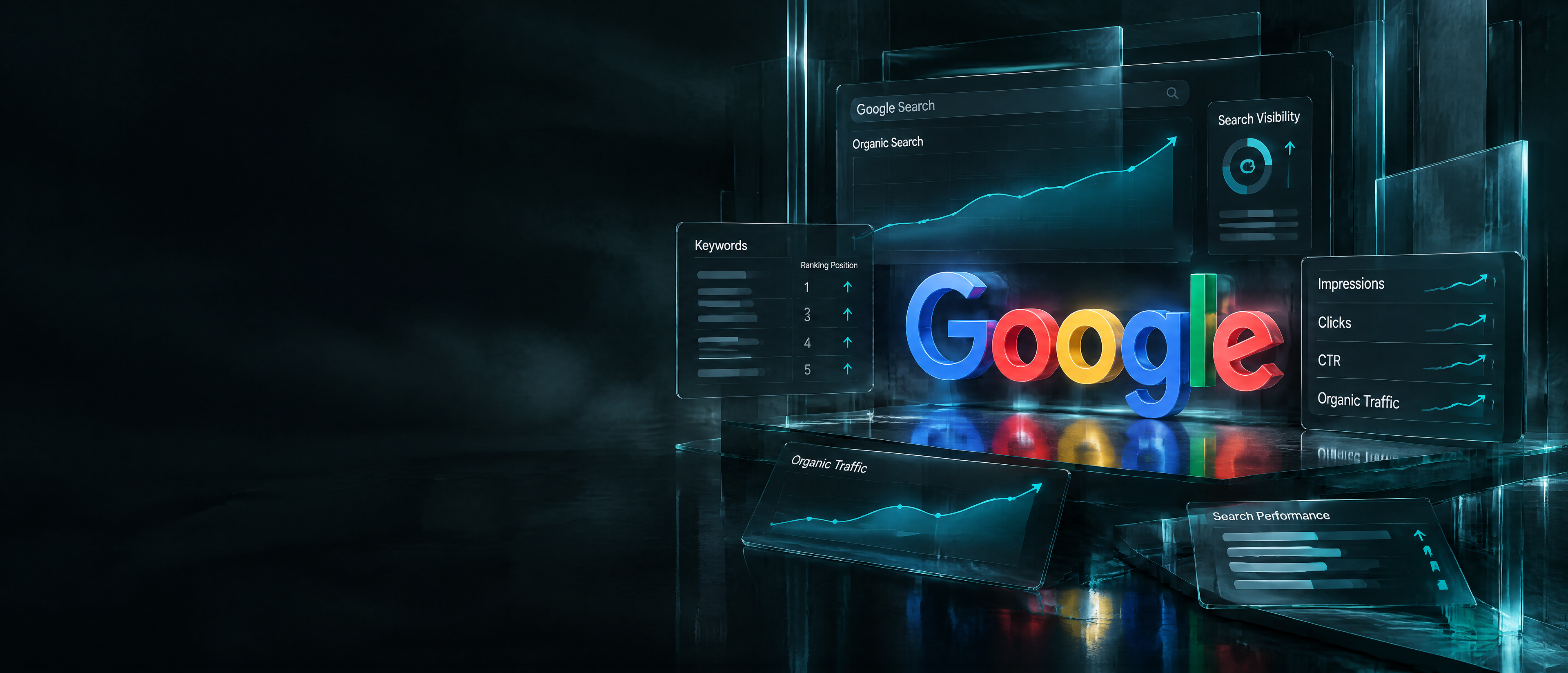 Panel de NEO SEO con el crecimiento orgánico en Google, el posicionamiento de palabras clave y la visibilidad en buscadores