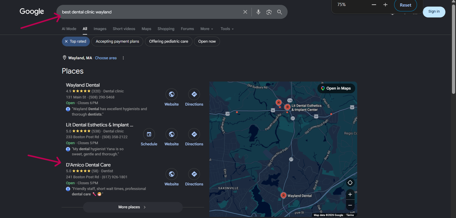Google local pack results for best dental clinic wayland, D'Amico Dental Care ranked third
